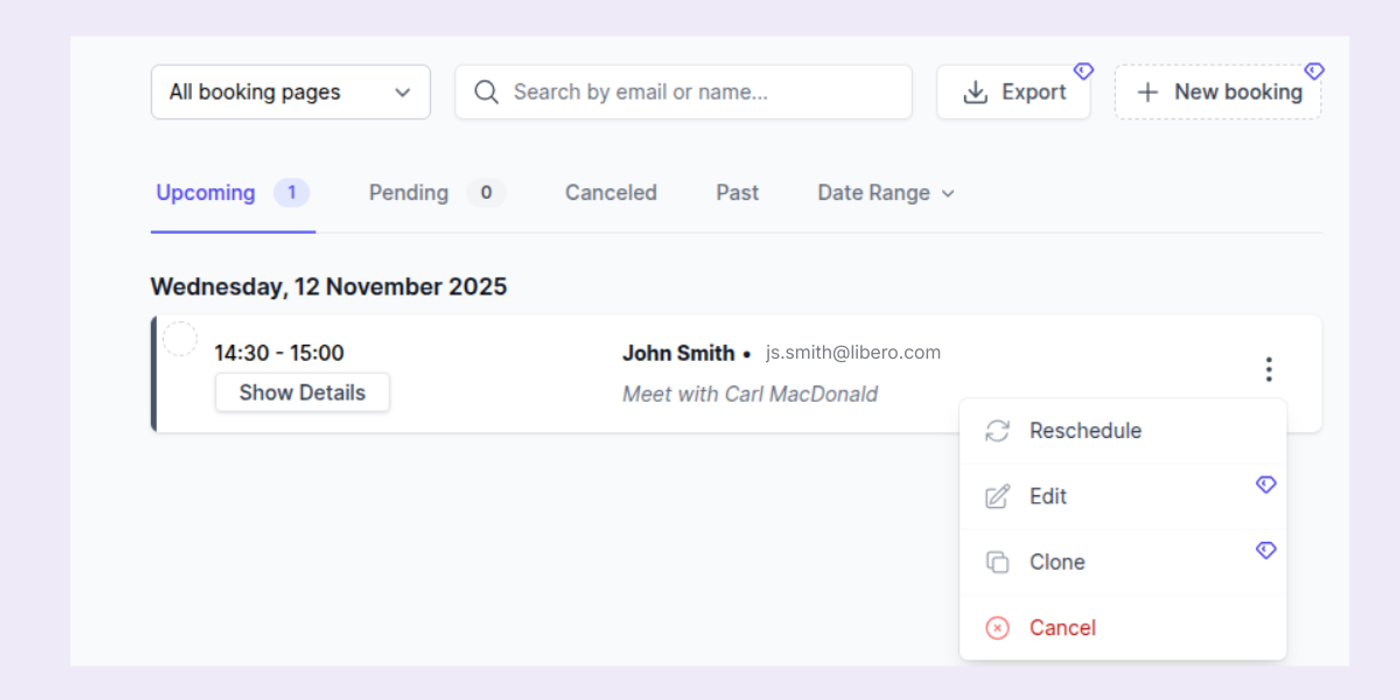 Screenshot of Koalendar reschedule appointment feature in dashboard